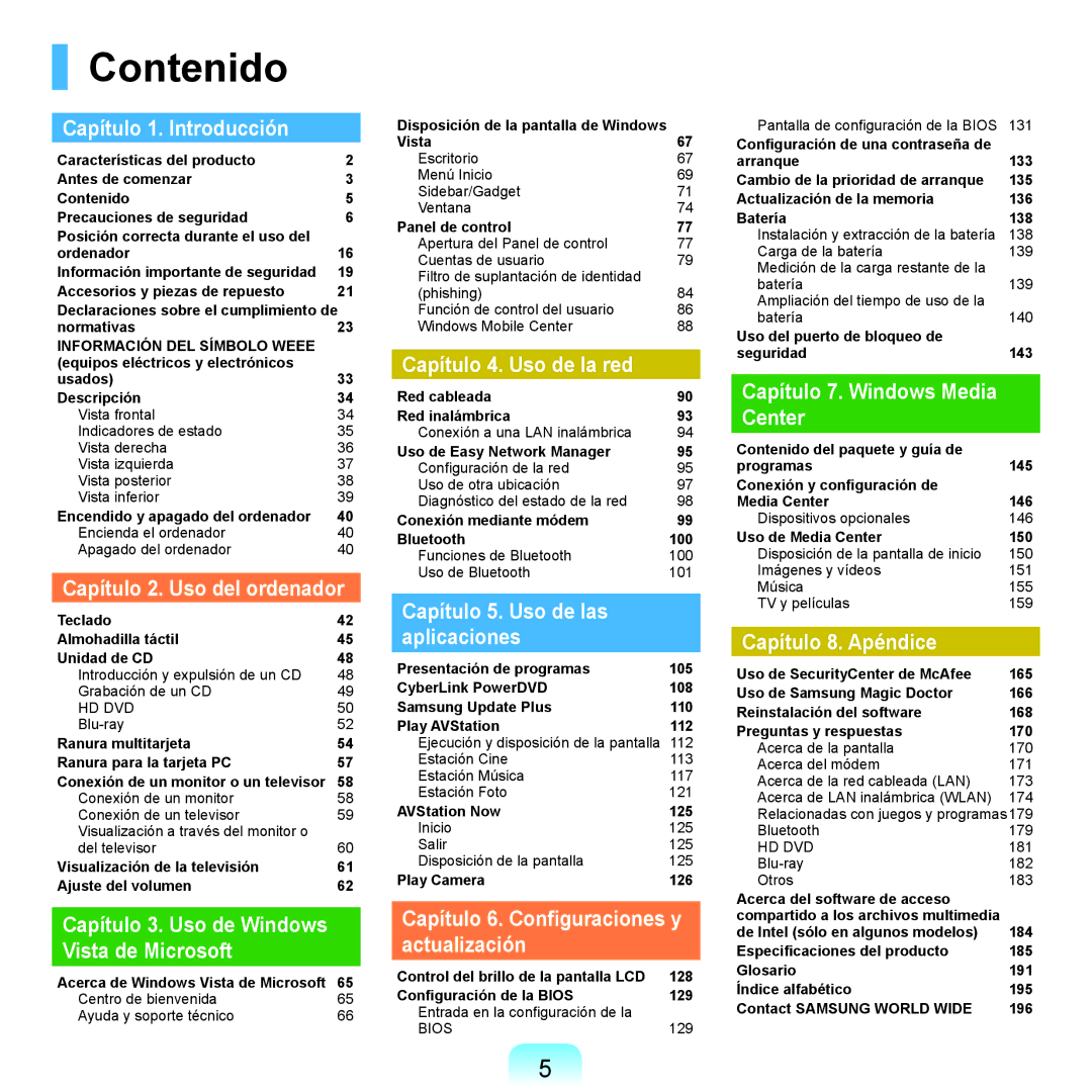 Samsung NP-R70A00B/SES, NP-R70A00H/SES, NP-R70A00E/SES, NP-R70A008/SES, NP-R70A005/SES, NP-R70A001/SES manual Contenido 