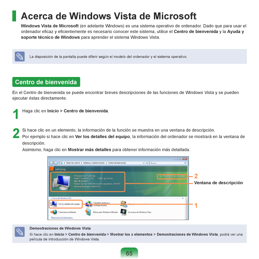 Samsung NP-R70A00G/SES, NP-R70A00H/SES Acerca de Windows Vista de Microsoft, Centro de bienvenida, Ventana de descripción 