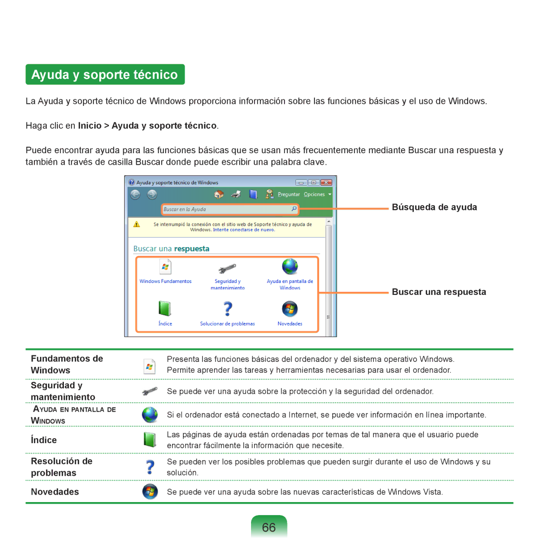 Samsung NP-R70A002/SES manual Haga clic en Inicio Ayuda y soporte técnico, Índice Resolución de problemas Novedades 