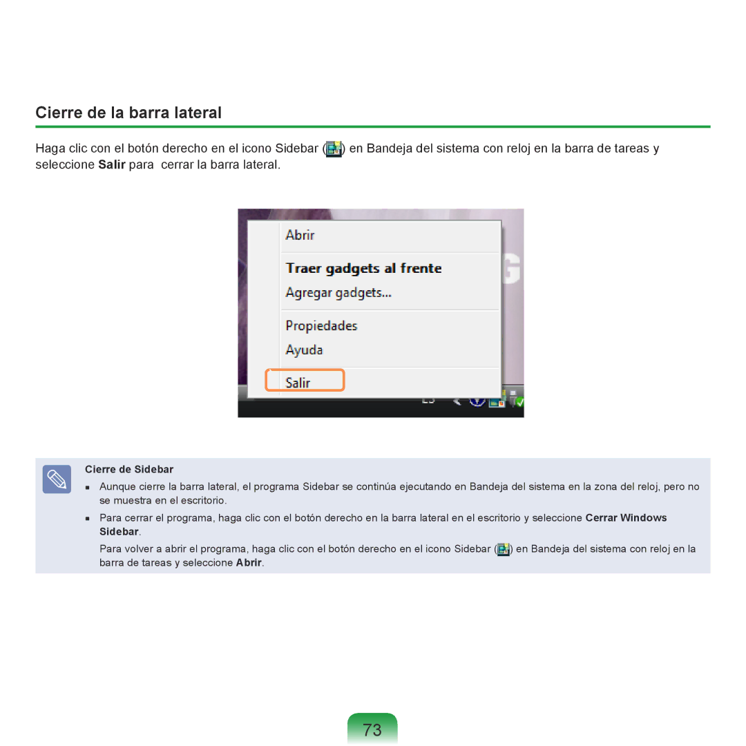 Samsung NP-R70A008/SES, NP-R70A00H/SES, NP-R70A00E/SES, NP-R70A005/SES manual Cierre de la barra lateral, Cierre de Sidebar 