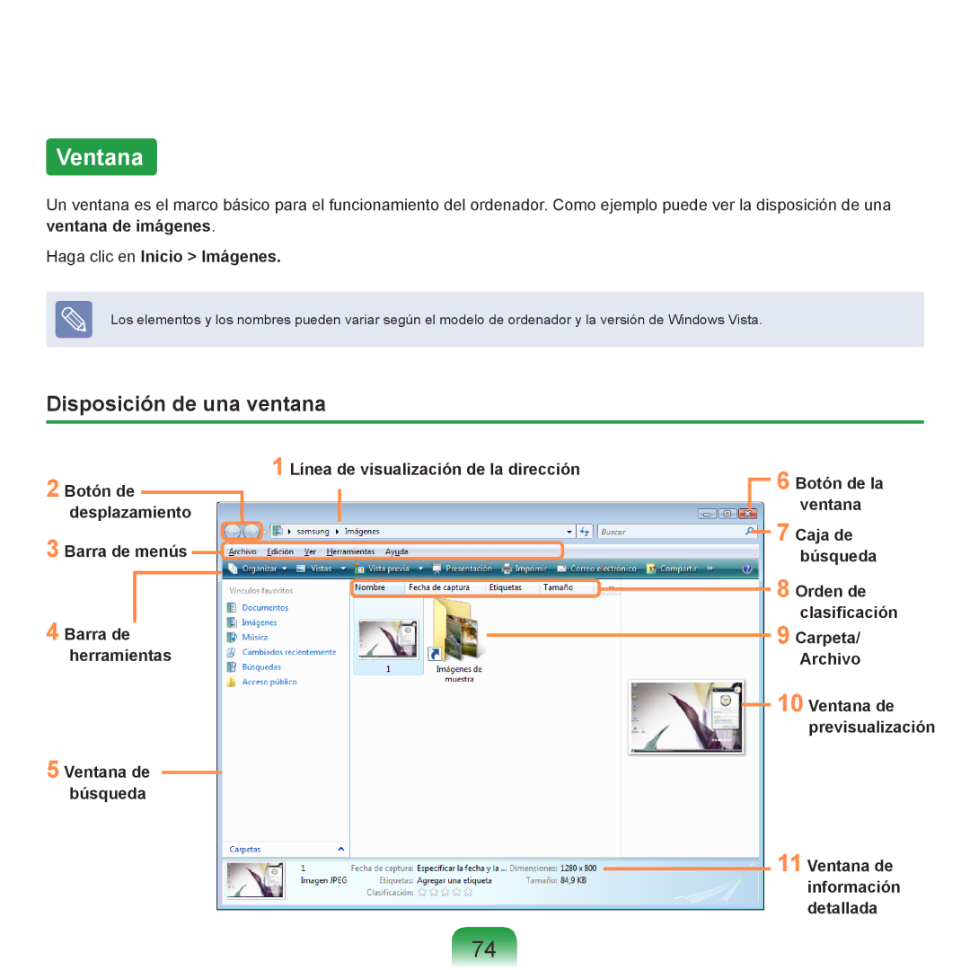 Samsung NP-R70A005/SES, NP-R70A00H/SES, NP-R70A00E/SES Ventana, Disposición de una ventana, Haga clic en Inicio Imágenes 