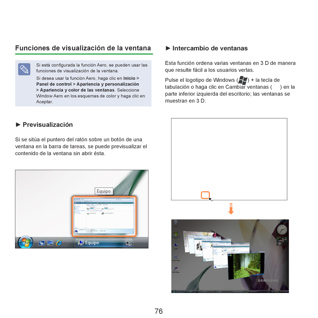 Samsung NP-R70A000/SES, NP-R70A00H/SES, NP-R70A00E/SES manual Funciones de visualización de la ventana, Previsualización 