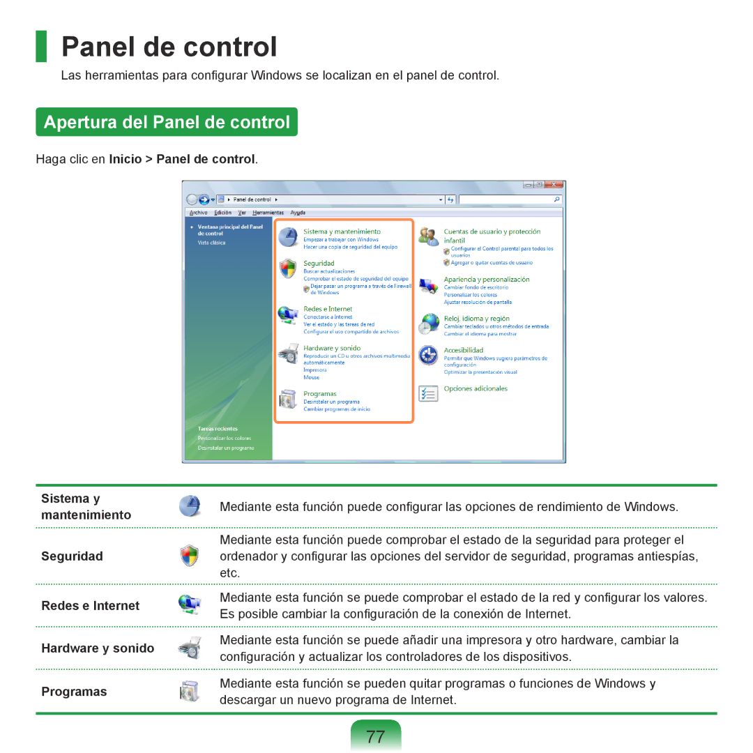 Samsung NP-R70A00B/SES, NP-R70A00H/SES, NP-R70A00E/SES, NP-R70A008/SES, NP-R70A005/SES manual Apertura del Panel de control 