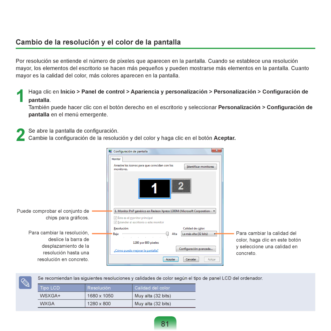 Samsung NP-R70A007/SES, NP-R70A00H/SES, NP-R70A00E/SES, NP-R70A008/SES Cambio de la resolución y el color de la pantalla 