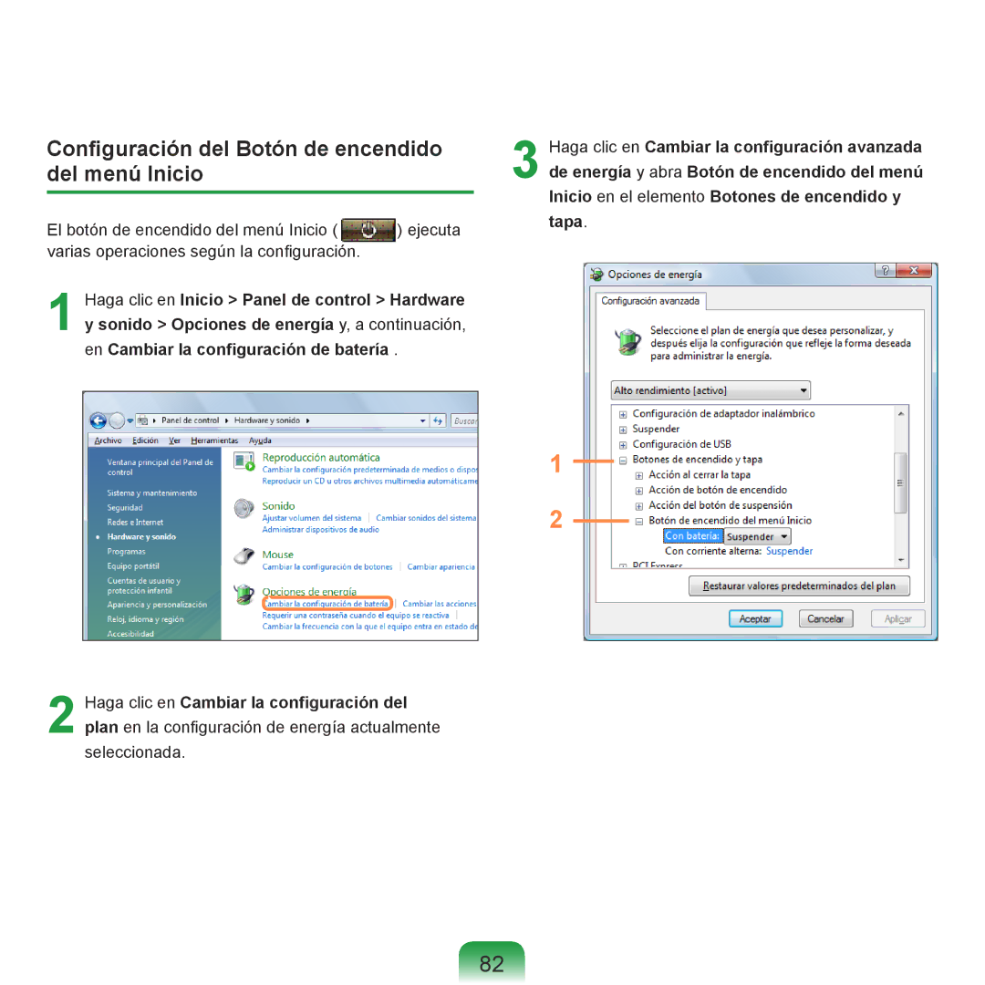 Samsung NP-R70A003/SES, NP-R70A00H/SES, NP-R70A00E/SES, NP-R70A008/SES Configuración del Botón de encendido del menú Inicio 