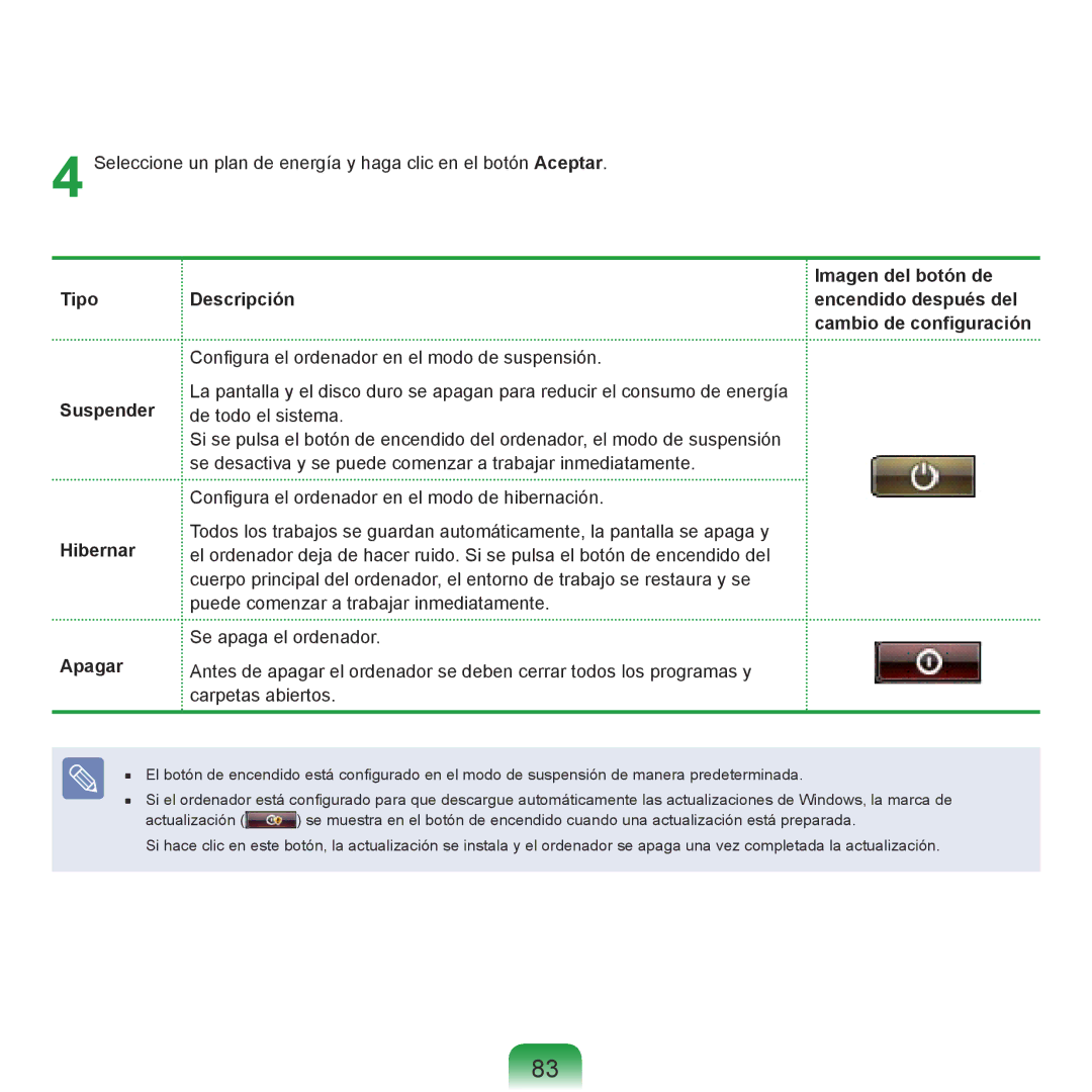 Samsung NP-R70A00G/SES, NP-R70A00H/SES, NP-R70A00E/SES, NP-R70A008/SES manual Tipo Suspender Hibernar Apagar Descripción 