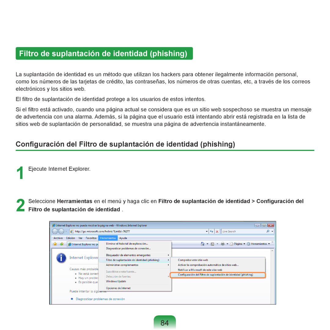 Samsung NP-R70A002/SES, NP-R70A00H/SES, NP-R70A00E/SES, NP-R70A008/SES manual Filtro de suplantación de identidad phishing 