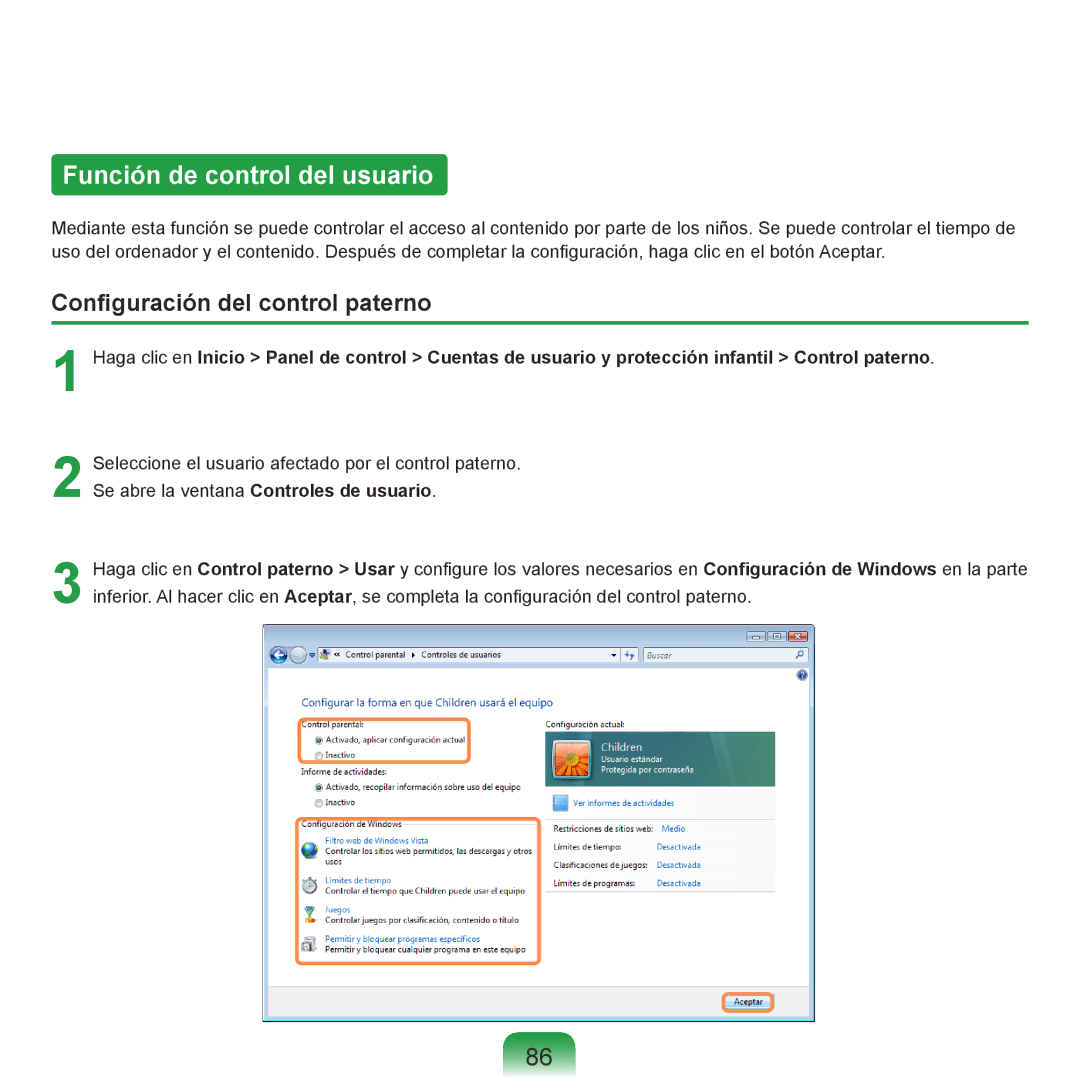 Samsung NP-R70A009/SES, NP-R70A00H/SES, NP-R70A00E/SES Función de control del usuario, Configuración del control paterno 