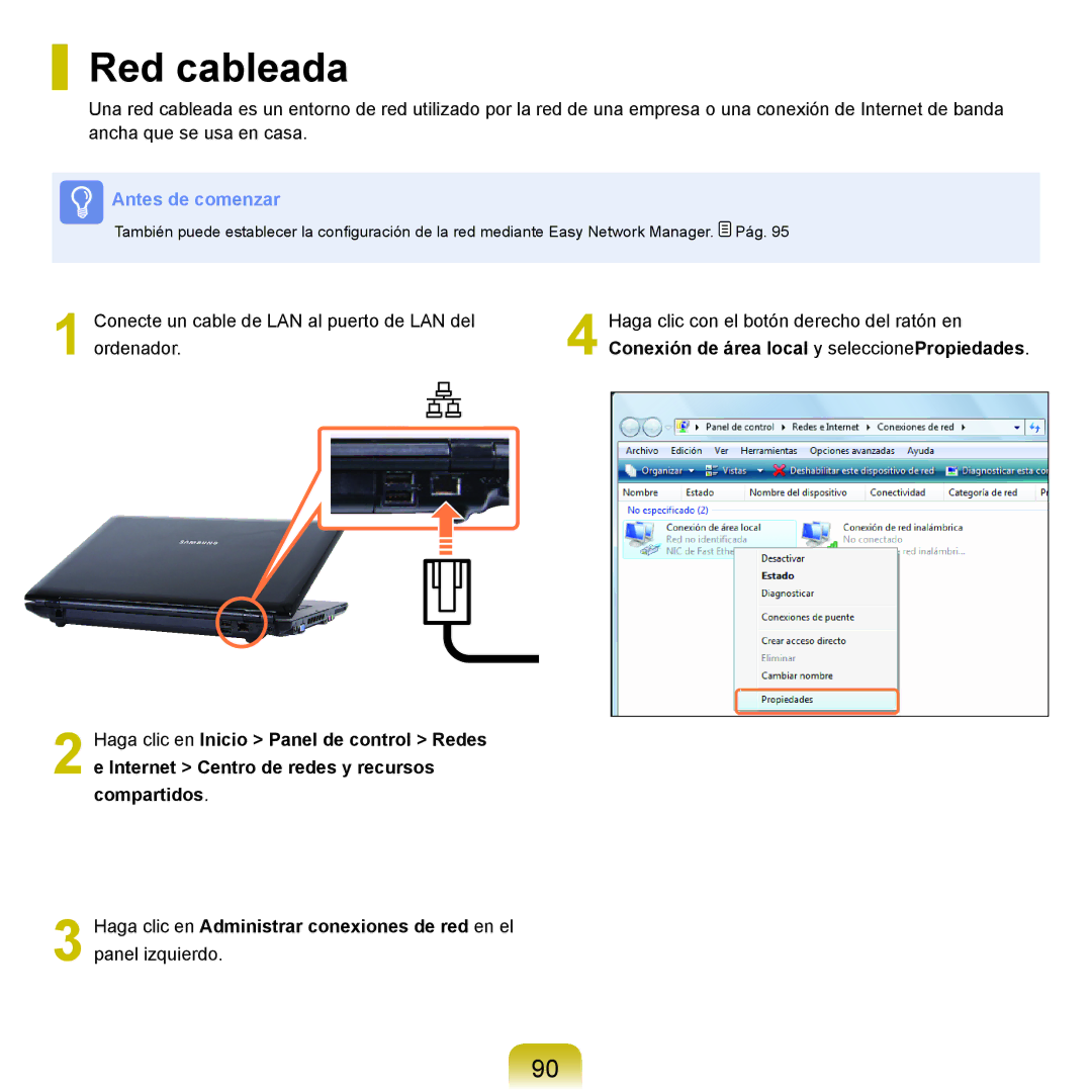 Samsung NP-R70A00E/SES, NP-R70A00H/SES, NP-R70A008/SES, NP-R70A005/SES, NP-R70A001/SES, NP-R70A000/SES manual Red cableada 