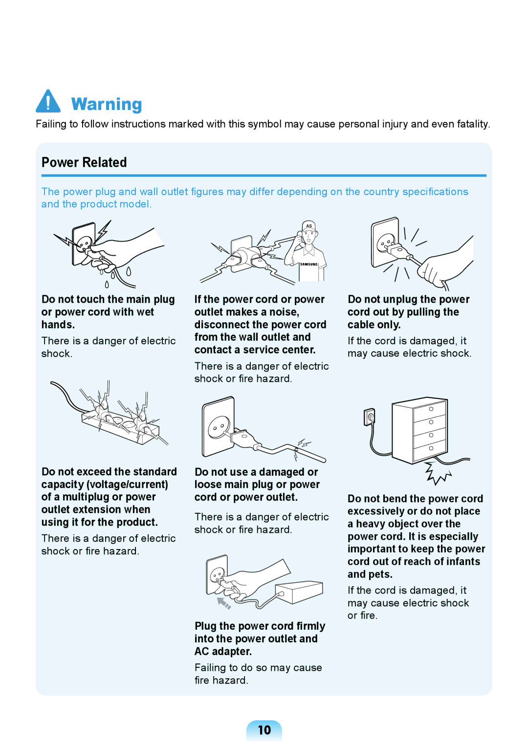 Samsung NP-R717-DA01RU, NP-R717-DA02RU manual Power Related, Do not touch the main plug or power cord with wet hands 