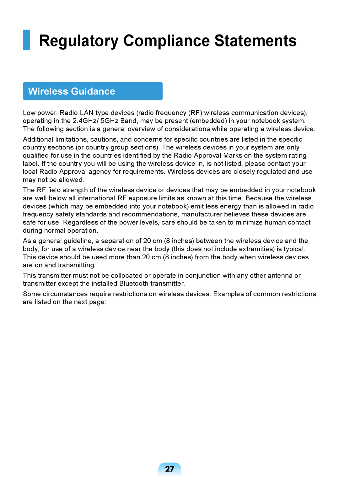 Samsung NP-R717-DA02RU, NP-R717-DA01RU manual Regulatory Compliance Statements, Wireless Guidance 