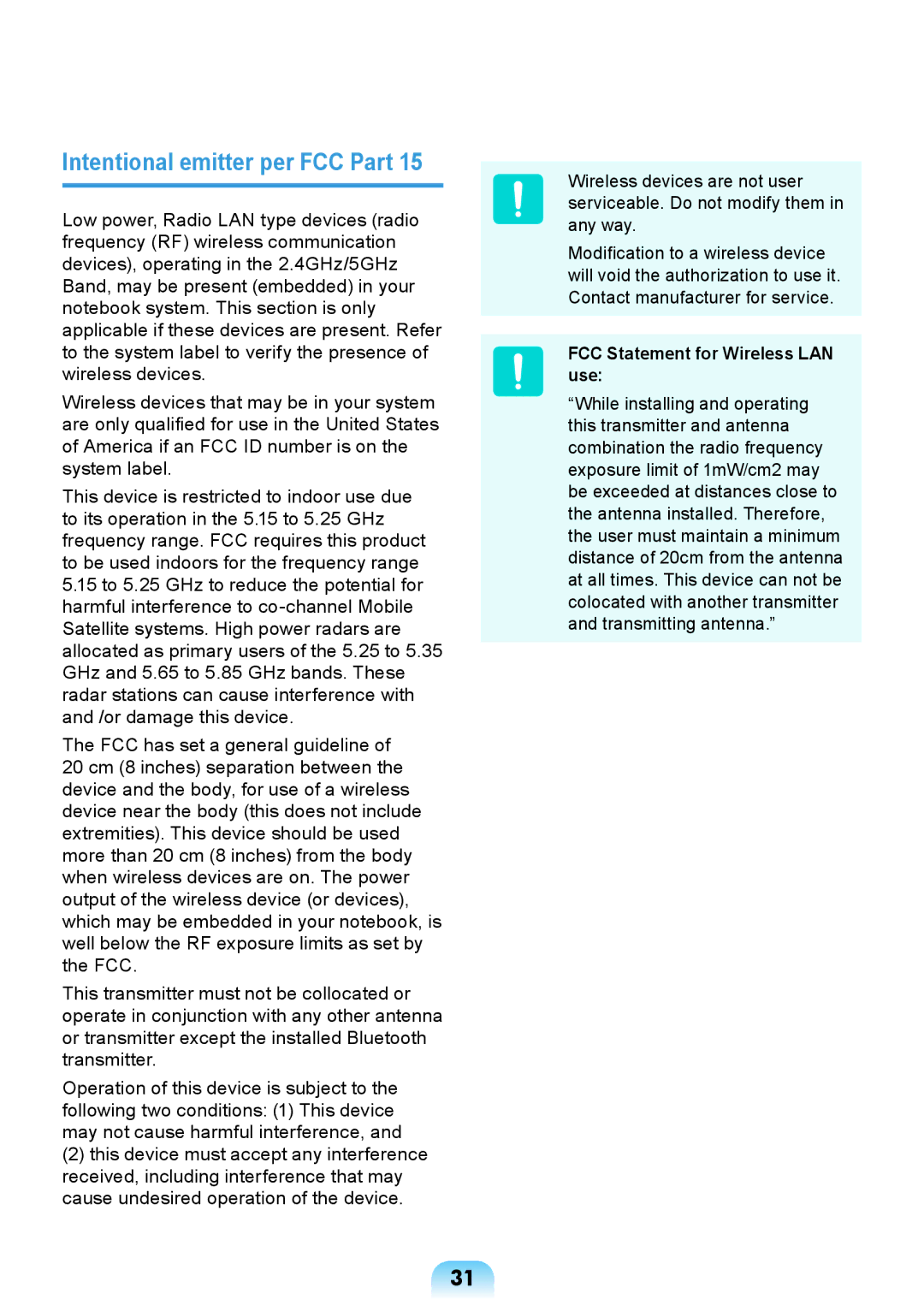 Samsung NP-R717-DA02RU, NP-R717-DA01RU manual Intentional emitter per FCC Part, FCC Statement for Wireless LAN use 