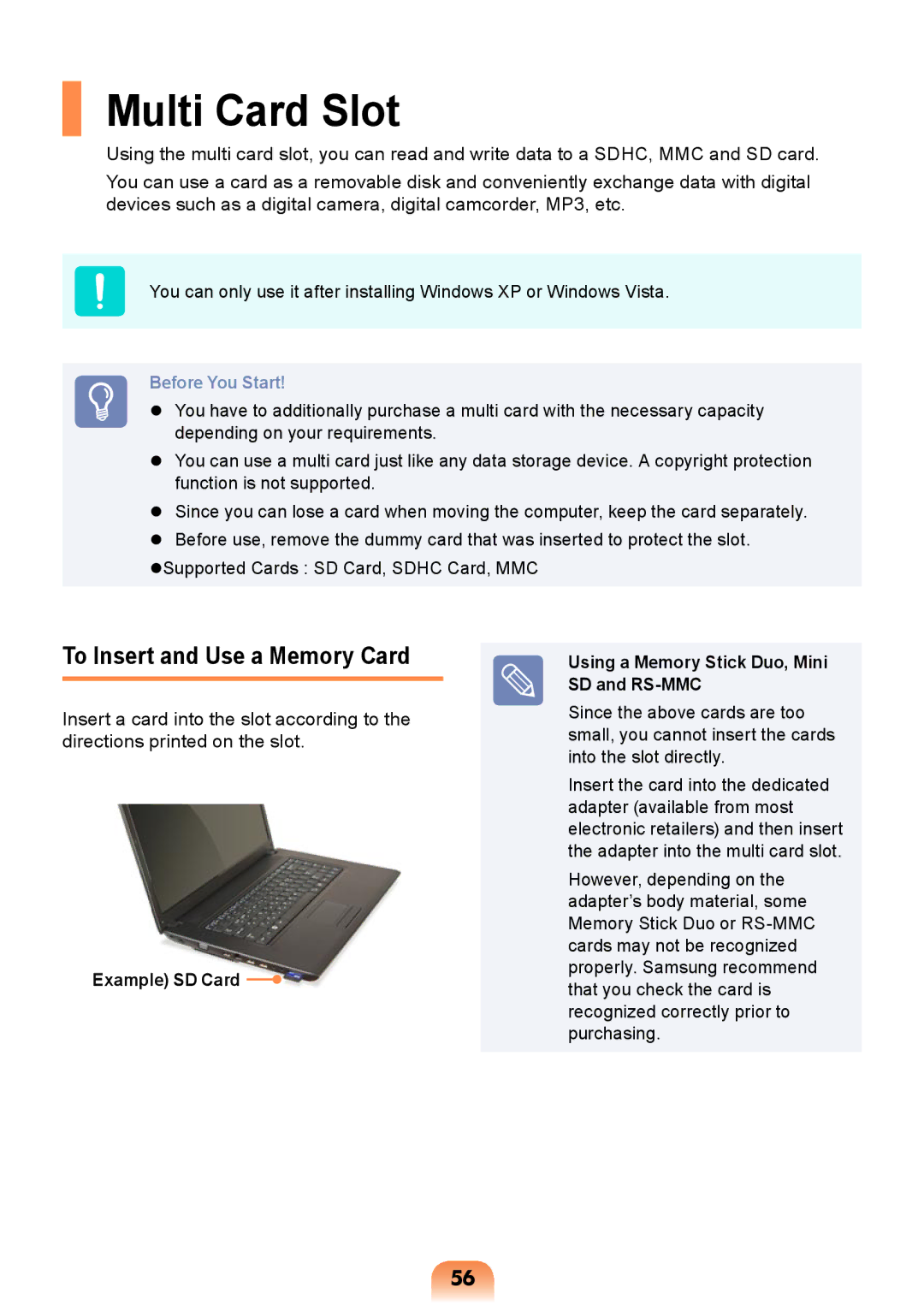 Samsung NP-R717-DA01RU, NP-R717-DA02RU manual Multi Card Slot, To Insert and Use a Memory Card 