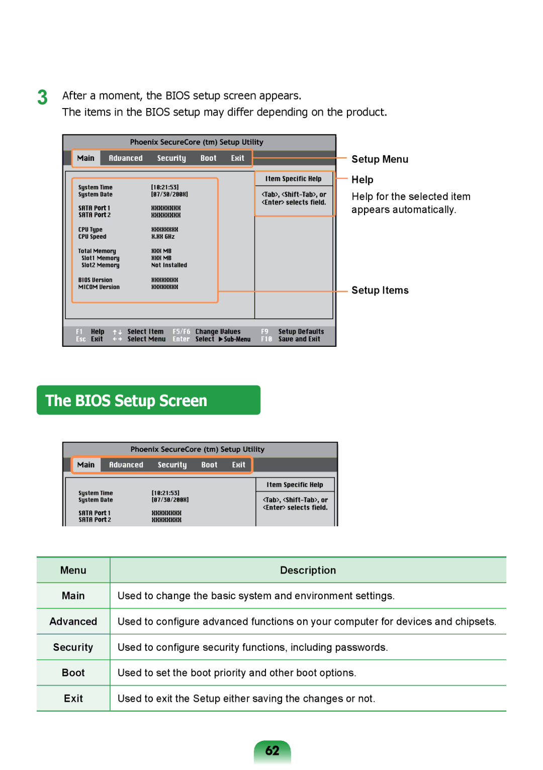 Samsung NP-R717-DA01RU, NP-R717-DA02RU manual Bios Setup Screen, Setup Menu Help, Setup Items, Menu Description, Exit 