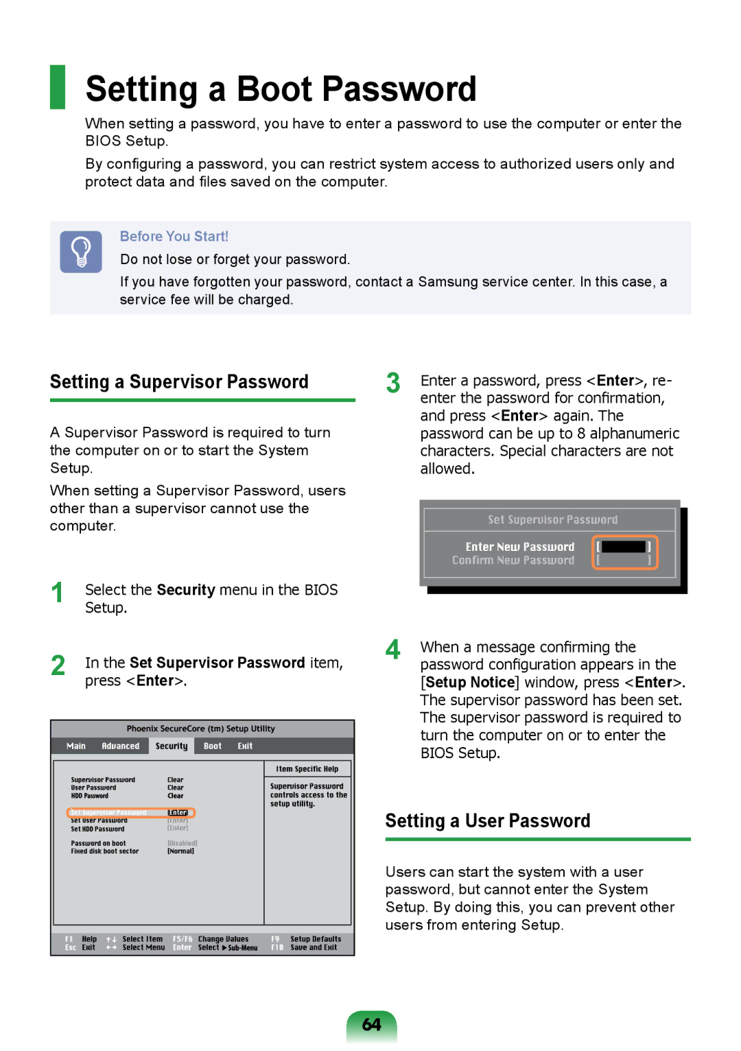 Samsung NP-R717-DA01RU, NP-R717-DA02RU Setting a Boot Password, Setting a Supervisor Password, Setting a User Password 
