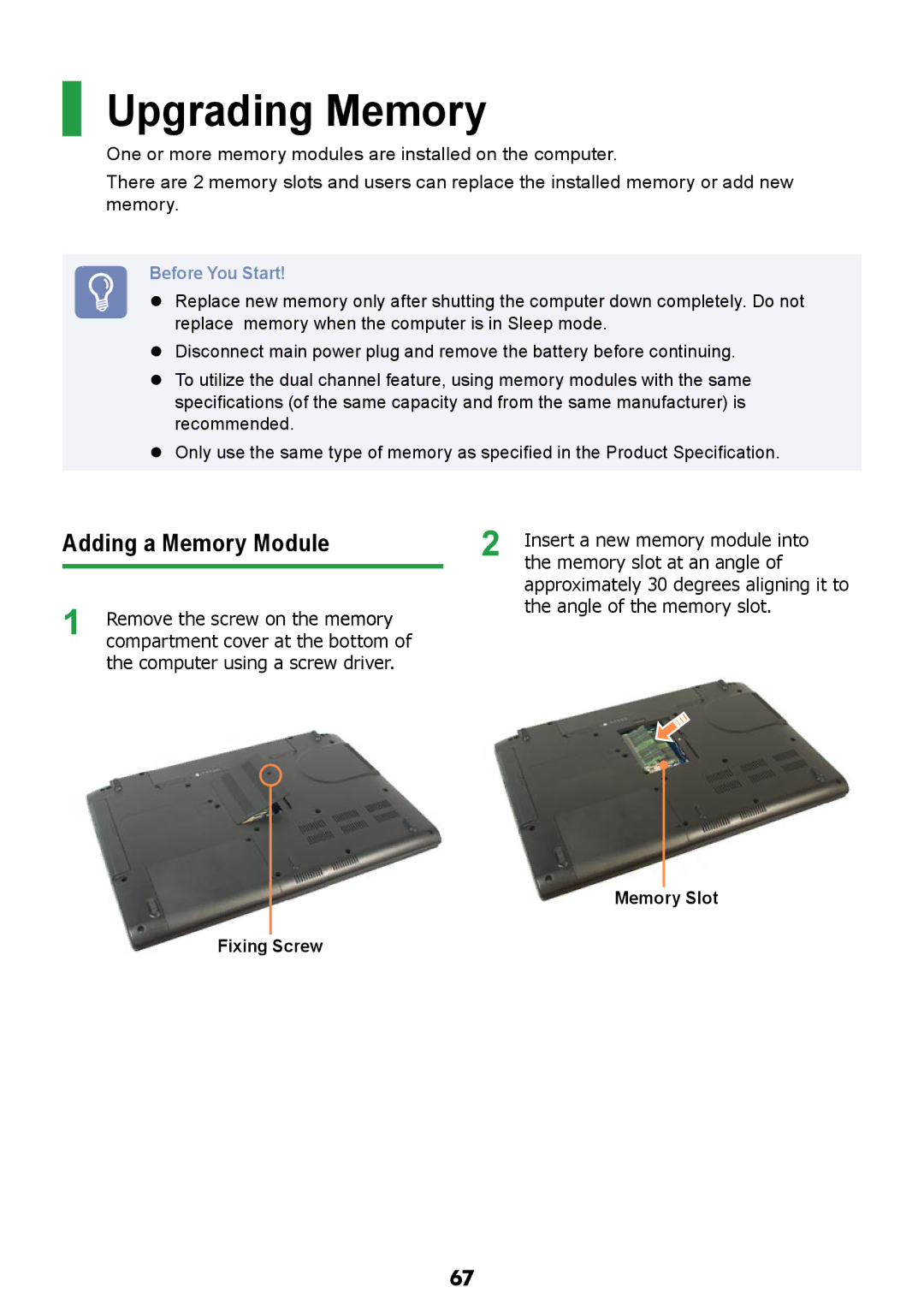 Samsung NP-R717-DA02RU, NP-R717-DA01RU manual Upgrading Memory, Adding a Memory Module, Memory Slot Fixing Screw 