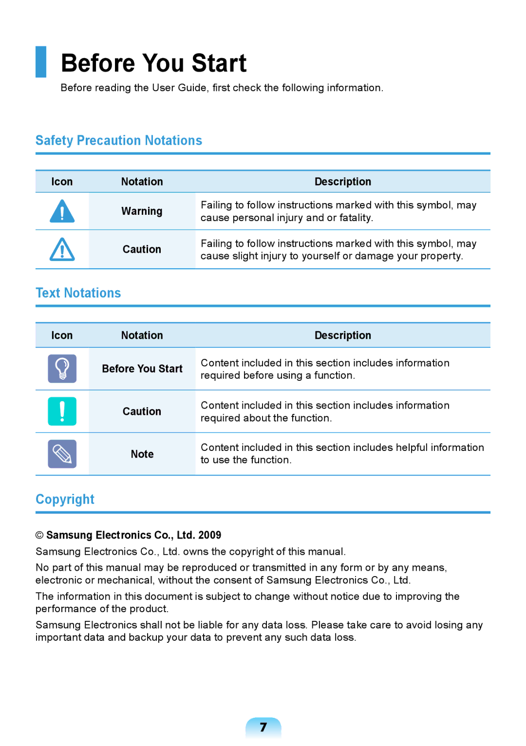 Samsung NP-R717-DA02RU Before You Start, Safety Precaution Notations, Text Notations, Copyright, Icon Notation Description 
