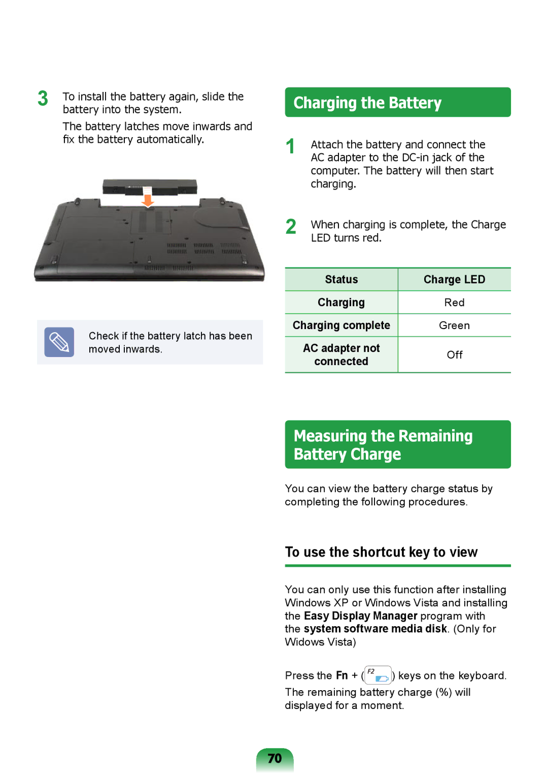 Samsung NP-R717-DA01RU, NP-R717-DA02RU manual Charging the Battery, To use the shortcut key to view 