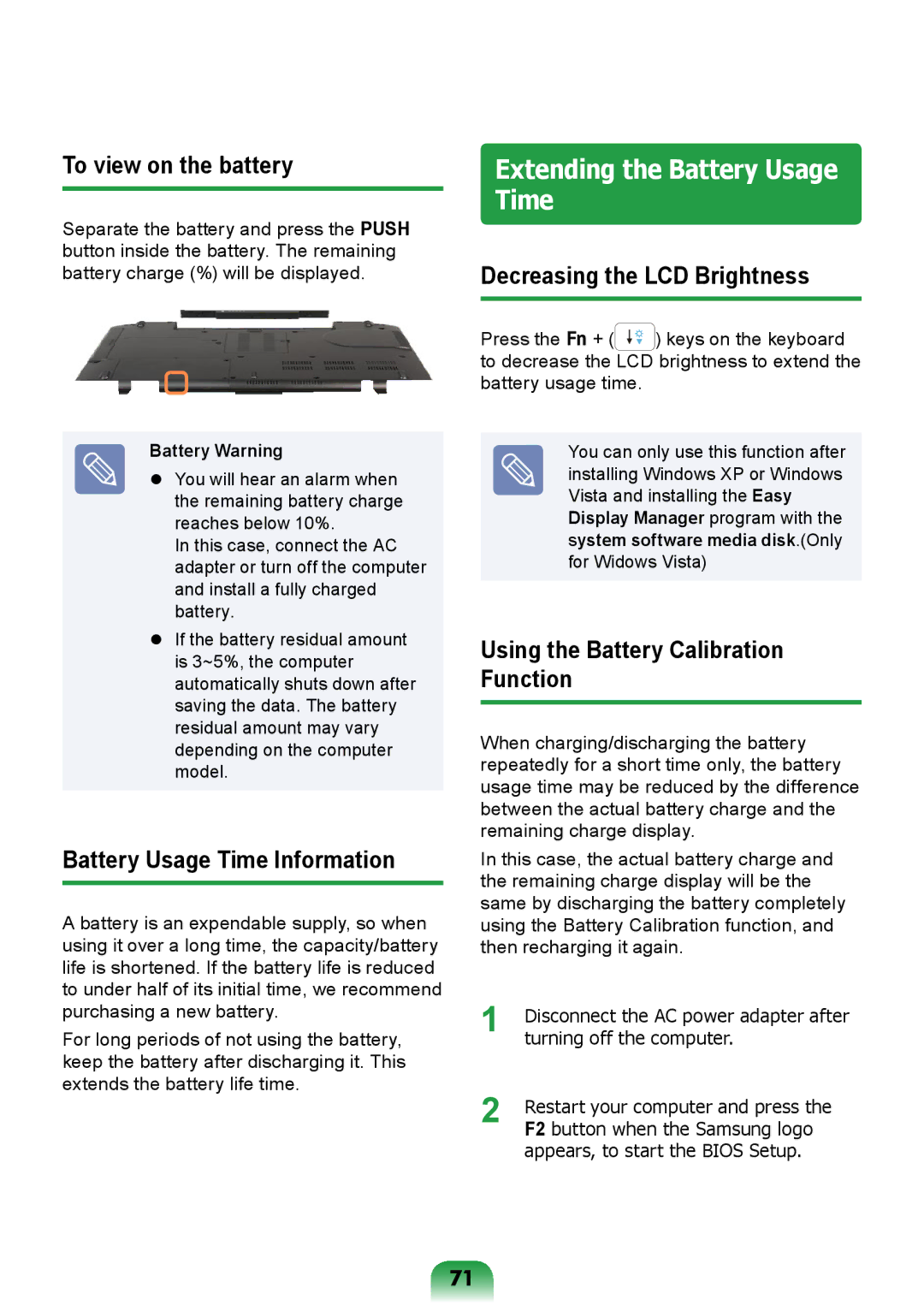 Samsung NP-R717-DA02RU manual Extending the Battery Usage Time, To view on the battery, Battery Usage Time Information 