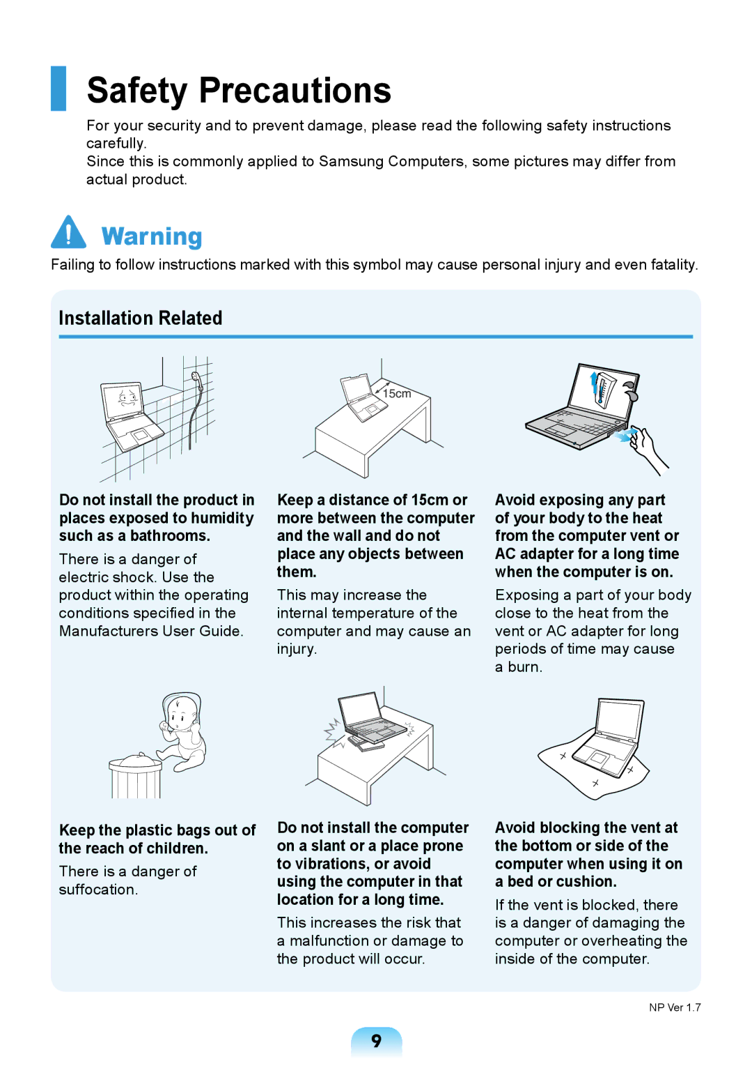 Samsung NP-R717-DA02RU manual Safety Precautions, Installation Related, Keep the plastic bags out of the reach of children 