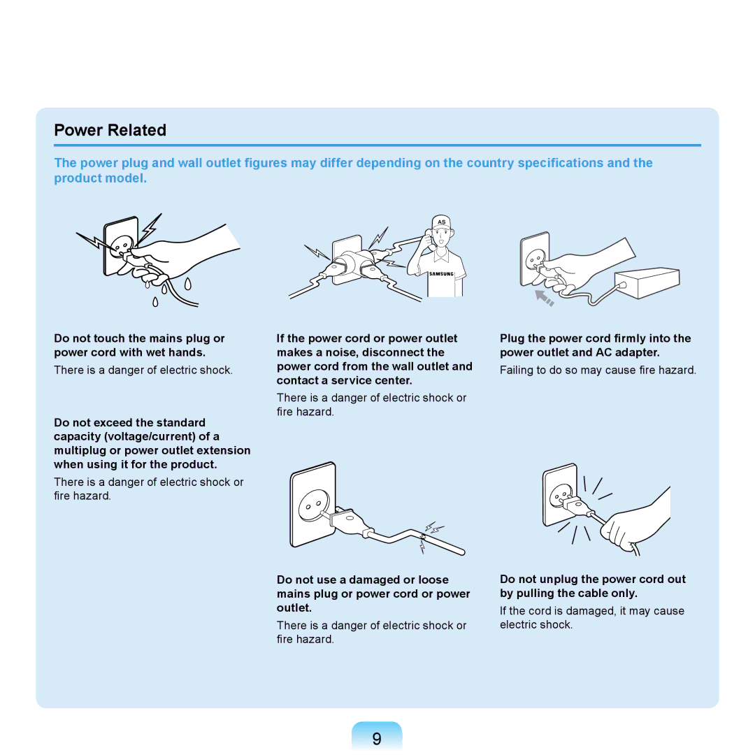 Samsung NP-X420-JA01DE, NP-R720-JS08DE manual Power Related, Do not touch the mains plug or power cord with wet hands 