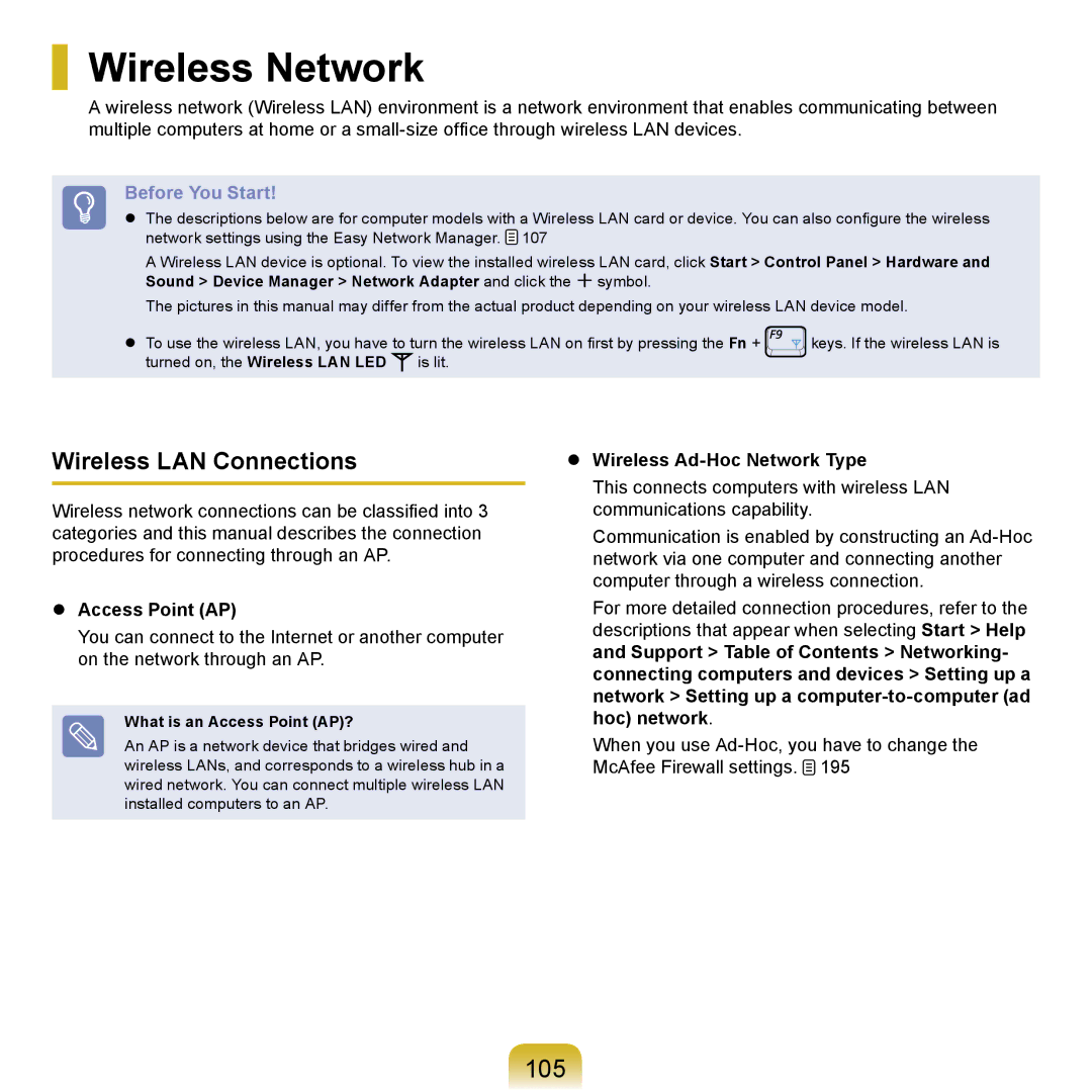 Samsung NP-R710-AT01DE Wireless Network, 105, Wireless LAN Connections,  Access Point AP,  Wireless Ad-Hoc Network Type 