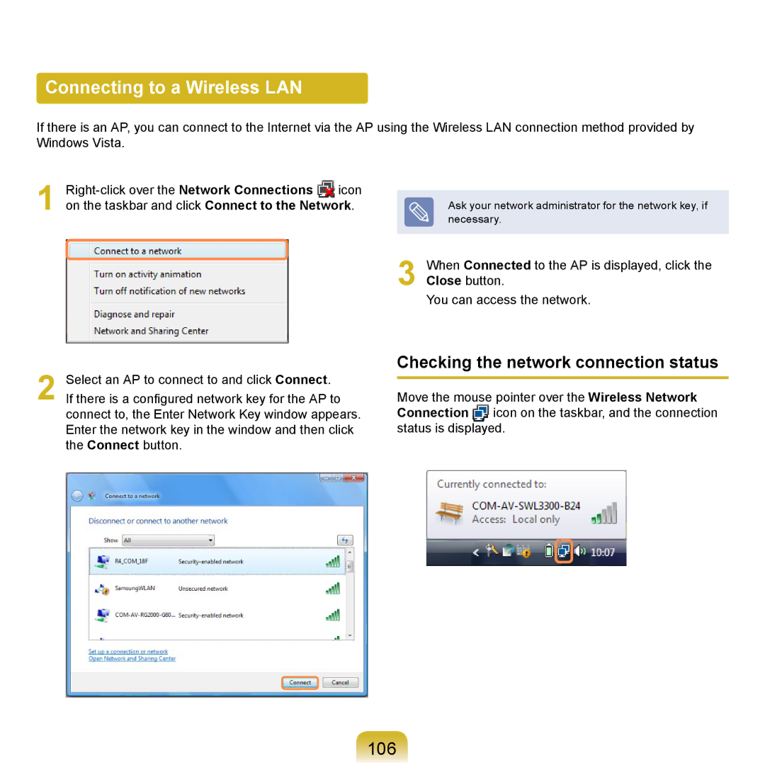 Samsung NP-R710-AS07DE, NP-R720-JS08DE manual Connecting to a Wireless LAN, 106, Checking the network connection status 