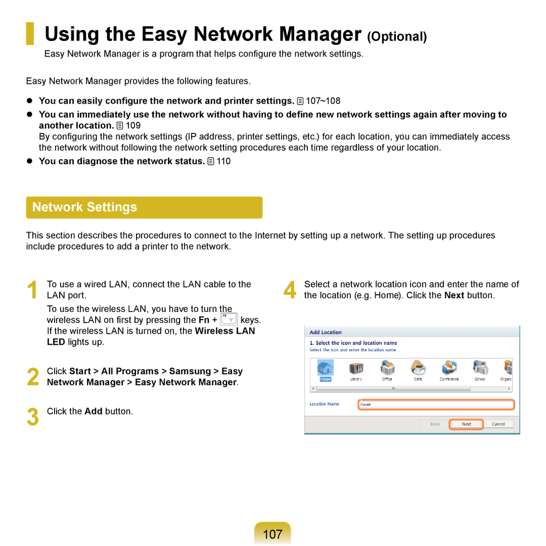 Samsung NP-R700BM/DE Using the Easy Network Manager Optional, Network Settings, 107,  You can diagnose the network status 