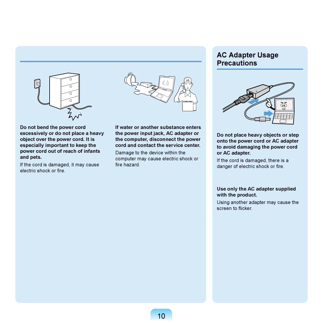 Samsung NP-X360ABM/DE, NP-R720-JS08DE manual AC Adapter Usage Precautions, Use only the AC adapter supplied with the product 