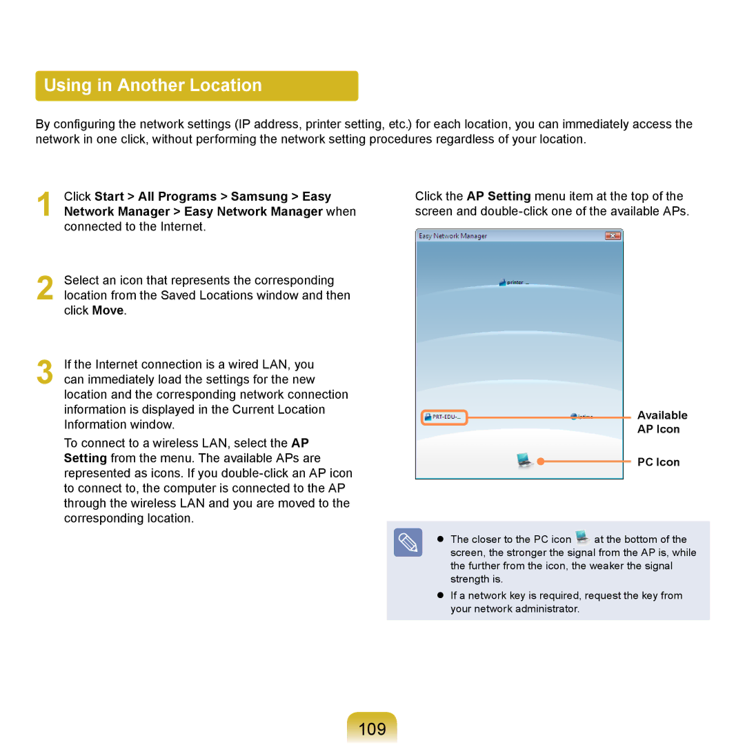 Samsung NP-R720-FS07DE, NP-R720-JS08DE, NP-R720-FS04DE manual Using in Another Location, 109, Available AP Icon PC Icon 