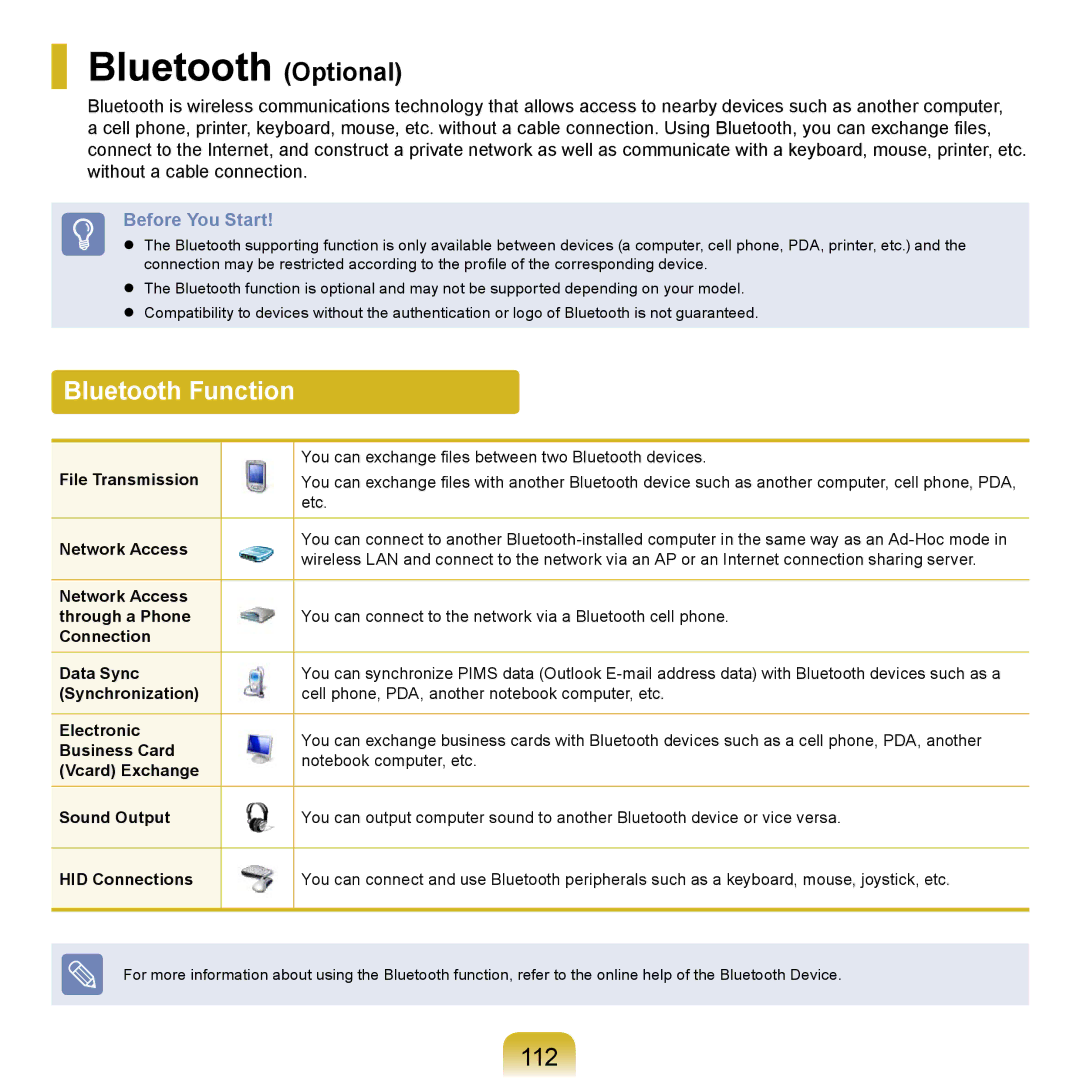 Samsung NP-X120-AA02DE, NP-R720-JS08DE, NP-R720-FS04DE, NP-R700-AS05DE manual Bluetooth Optional, Bluetooth Function, 112 