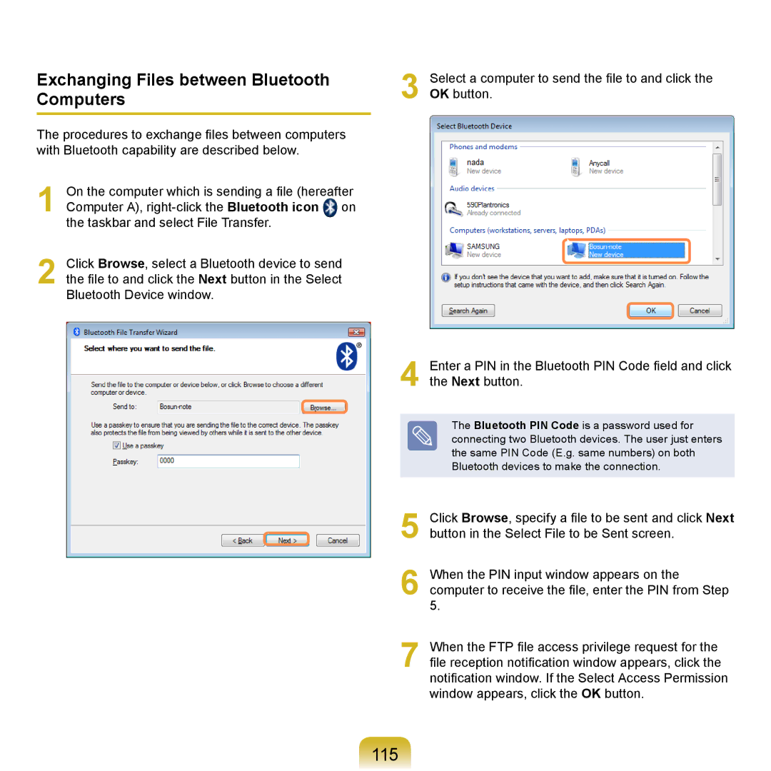 Samsung NP-SE11-AS02DE, NP-R720-JS08DE, NP-R720-FS04DE, NP-R700-AS05DE 115, Exchanging Files between Bluetooth Computers 