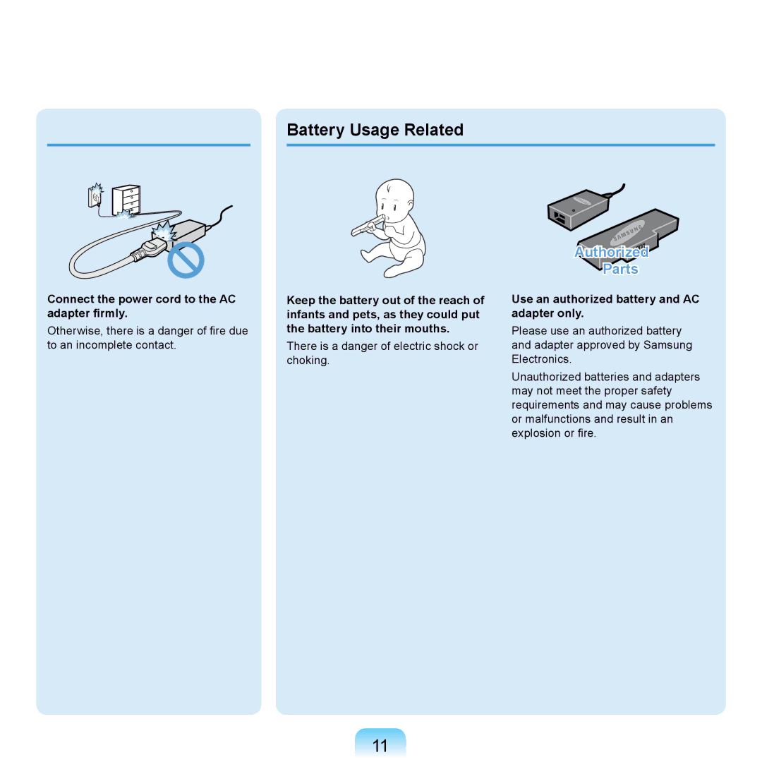 Samsung NP-P560-PS01DE, NP-R720-JS08DE, NP-E172BM/DE Battery Usage Related, Connect the power cord to the AC adapter firmly 