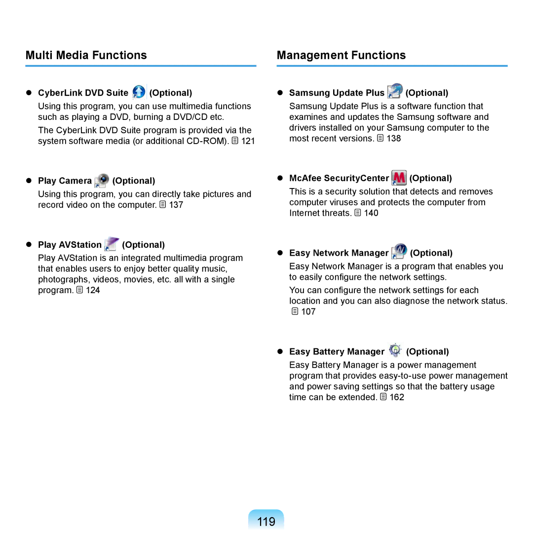 Samsung NP-R505-FS05DE, NP-R720-JS08DE, NP-R720-FS04DE, NP-R700-AS05DE manual 119, Multi Media Functions Management Functions 