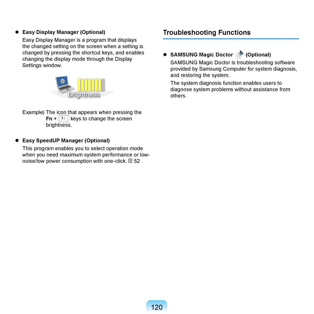 Samsung NP-P460-AA03DE 120, Troubleshooting Functions,  Easy Display Manager Optional,  Easy SpeedUP Manager Optional 
