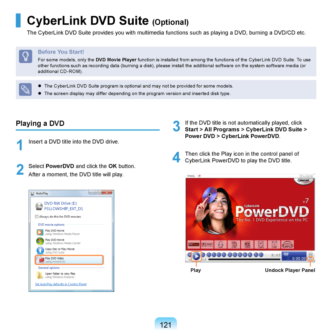 Samsung NP-P460-AA02DE manual CyberLink DVD Suite Optional, 121, Playing a DVD, Start All Programs CyberLink DVD Suite 