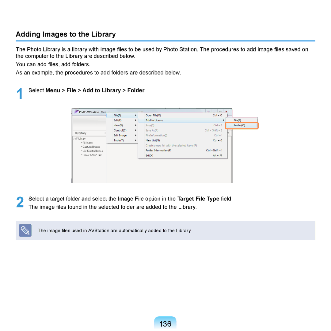 Samsung NP-R720-JS04DE, NP-R720-JS08DE, NP-R720-FS04DE, NP-R700-AS05DE, NP-R620-JS01TR manual 136, Adding Images to the Library 