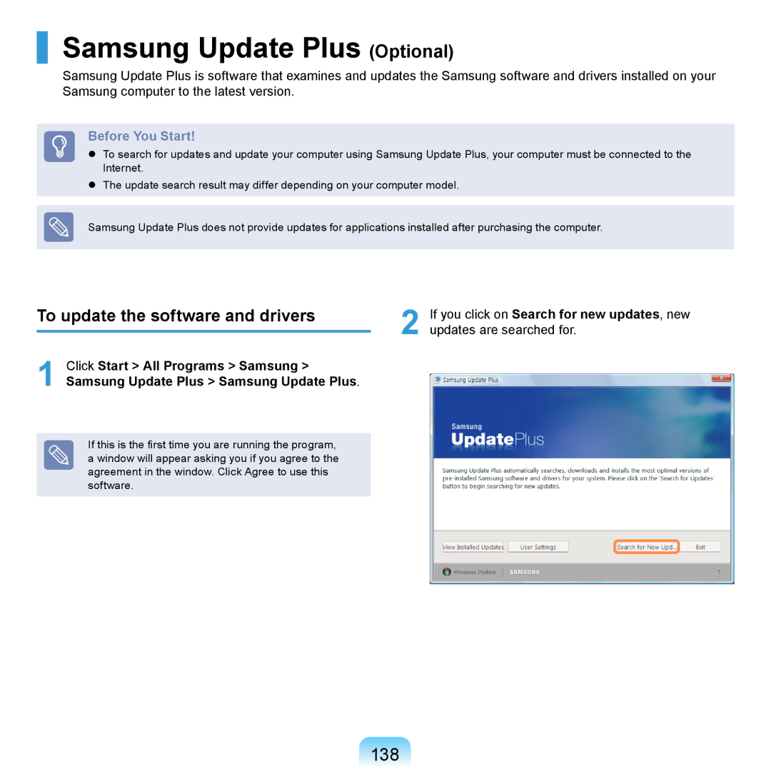 Samsung NP-R720-FS02UA, NP-R720-JS08DE, NP-X360ABM/DE Samsung Update Plus Optional, 138, To update the software and drivers 