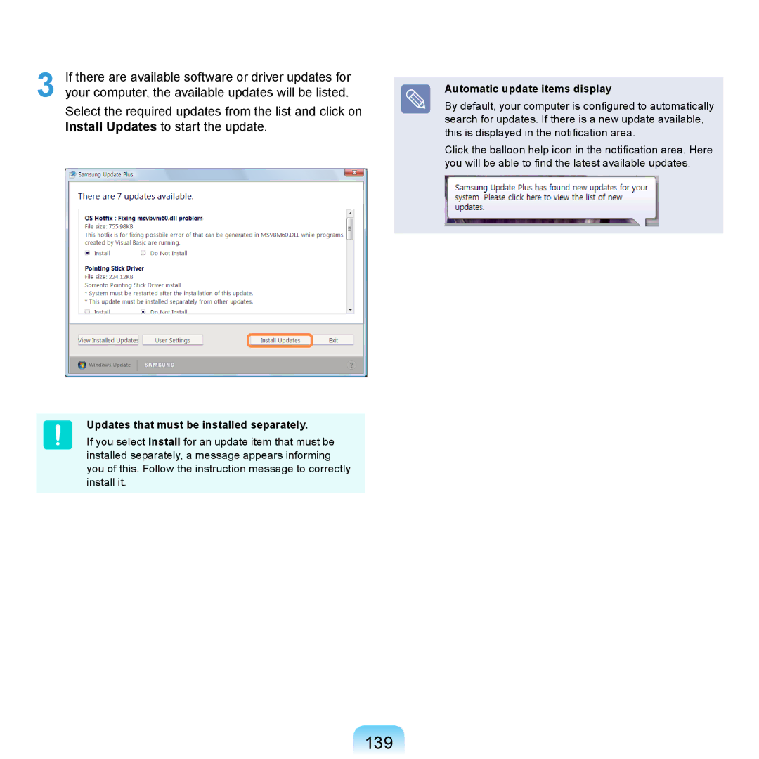 Samsung NP-R720-AS02DE, NP-R720-JS08DE manual 139, Updates that must be installed separately, Automatic update items display 