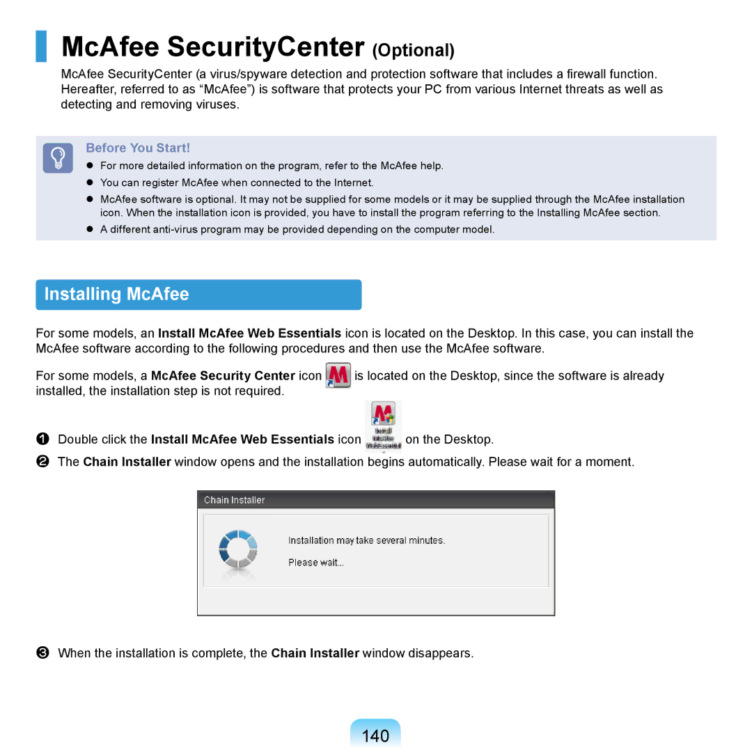 Samsung NP-R710-FS03DE, NP-R720-JS08DE, NP-R720-FS04DE, NP-X360ABM/DE McAfee SecurityCenter Optional, Installing McAfee, 140 