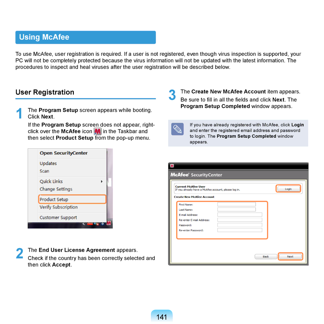 Samsung NP-R710-AS06DE, NP-R720-JS08DE manual Using McAfee, 141, User Registration, Create New McAfee Account item appears 