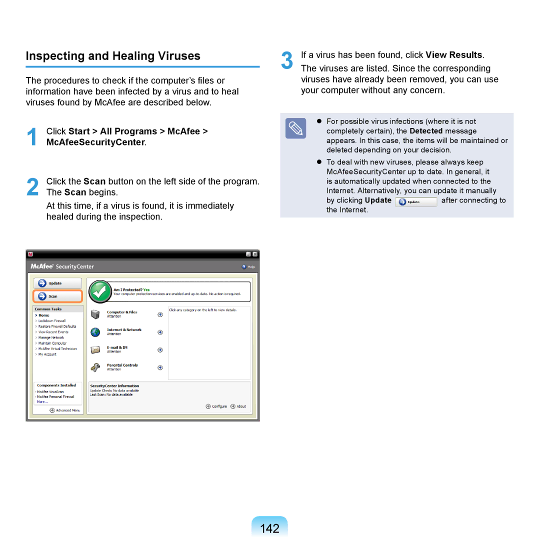 Samsung NP-R620-XS01UA manual 142, Inspecting and Healing Viruses, Click Start All Programs McAfee McAfeeSecurityCenter 