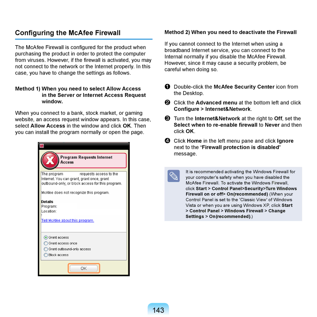 Samsung NP-R620-JS01DE manual 143, Configuring the McAfee Firewall, Method 2 When you need to deactivate the Firewall 