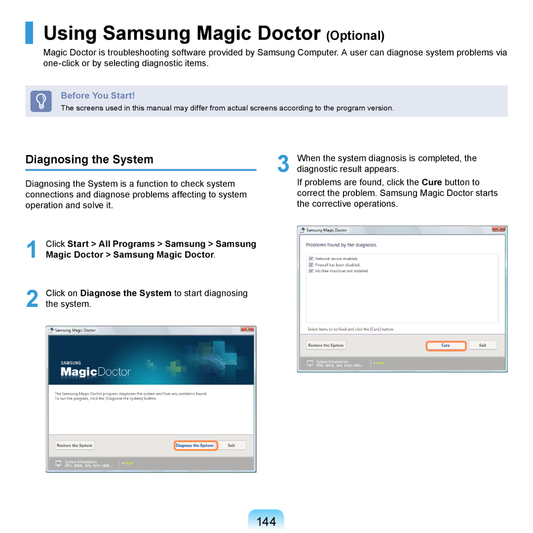 Samsung NP-R620-FS06DE, NP-R720-JS08DE, NP-R720-FS04DE manual Using Samsung Magic Doctor Optional, 144, Diagnosing the System 