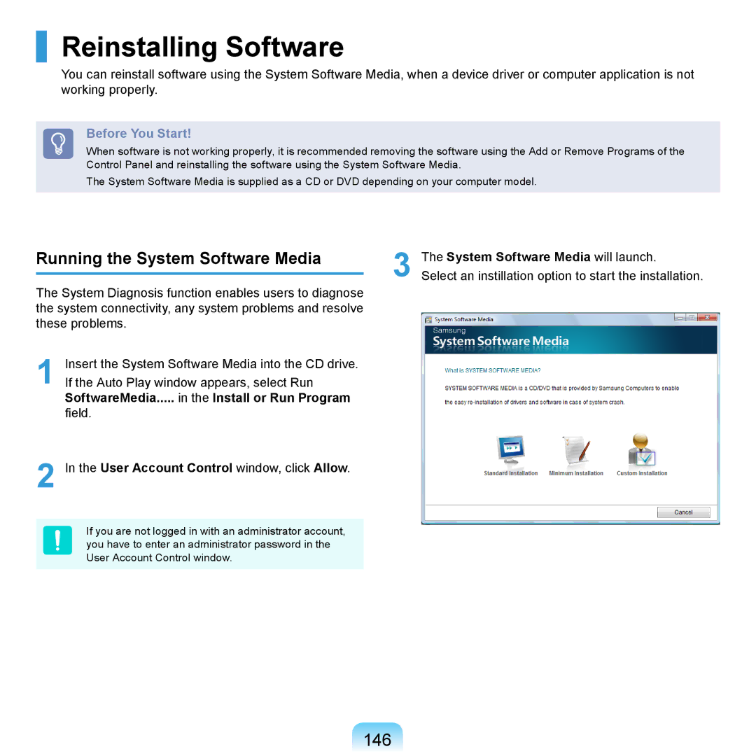 Samsung NP-P560-AAY1DE Reinstalling Software, 146, Running the System Software Media, System Software Media will launch 