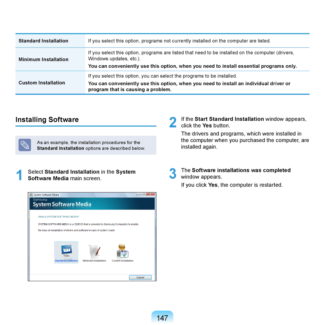 Samsung NP-P560-PA01DE, NP-R720-JS08DE manual 147, Installing Software, Software installations was completed window appears 