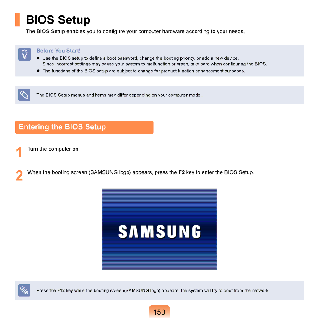 Samsung NP-R505-FS0ADE, NP-R720-JS08DE, NP-R720-FS04DE, NP-R700-AS05DE, NP-R620-JS01TR manual Entering the Bios Setup, 150 