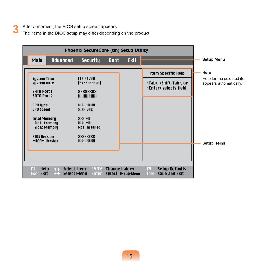 Samsung NP-R720-JS09DE, NP-R720-JS08DE, NP-R720-FS04DE, NP-R700-AS05DE, NP-R620-JS01TR manual 151, Setup Menu Help, Setup Items 