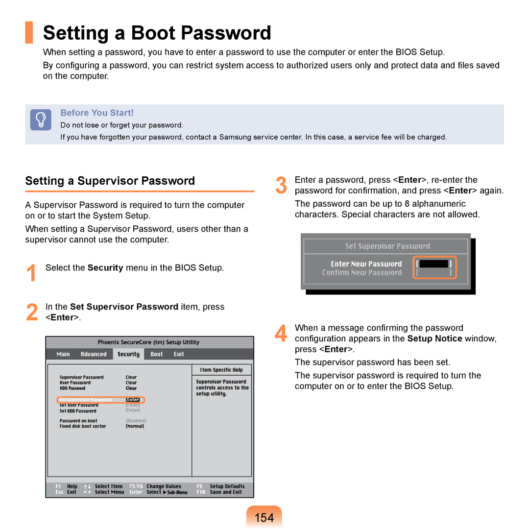 Samsung NP-SE11-FS05DE Setting a Boot Password, Setting a Supervisor Password, Set Supervisor Password item, press Enter 