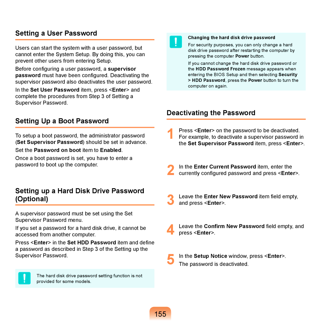 Samsung NP-SE11-AS06DE, NP-R720-JS08DE 155, Setting a User Password, Setting Up a Boot Password, Deactivating the Password 